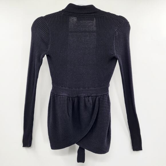 Sparrow Black Tie Waist Long-sleeved Knit Ribbed Cardigan Sweater Women's Sz XS - Picture 2 of 5